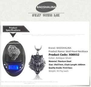 Wolf head pendant necklace dimensions 39x57mm and weight 45.75g on electronic scale