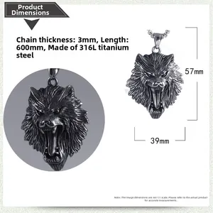 Detailed size chart for retro stainless steel wolf head pendant with 600mm chain length