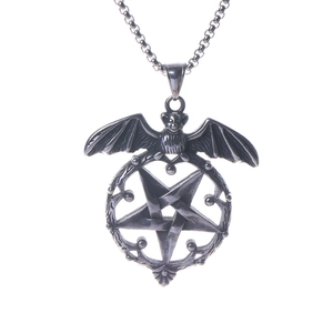 Retro gothic bat and pentagram necklace in oxidized silver finish for men