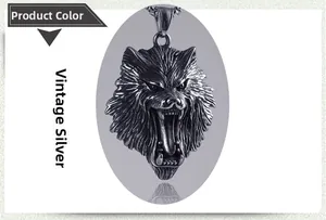 Close-up of gothic punk wolf head pendant with detailed antique silver finish texture