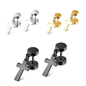 Detail view of cross pendant barbell studs in polished silver, gold, and black metal