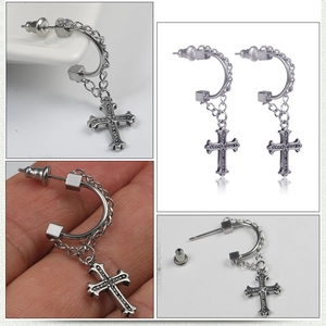 Gothic titanium steel cross drop earrings with C-shape hoop and chain for men and women