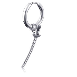 Detail of silver polished hip-hop earring featuring a sharp sword pendant and hoop