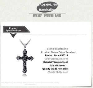 Macro detail of antique silver cross pendant in titanium steel, size 37x51mm and 12.86g
