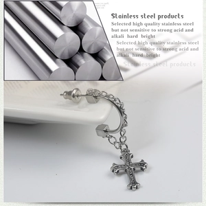 Polished stainless steel hoop earring with dangling gothic cross and zircon accents
