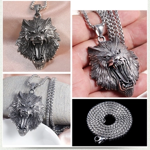Retro stainless steel wolf head pendant necklace with hollowed hip-hop design