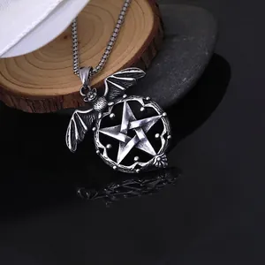 Gothic men's stainless steel pentagram bat pendant with square pearl chain necklace