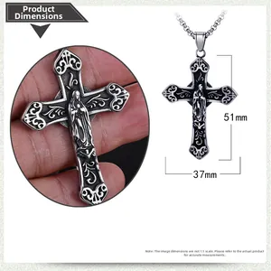 Detail view of vintage stainless steel cross pendant showing 51mm by 37mm size specs