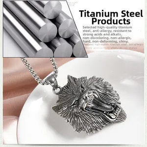 Detailed relief of an antique silver wolf head pendant made of durable titanium steel