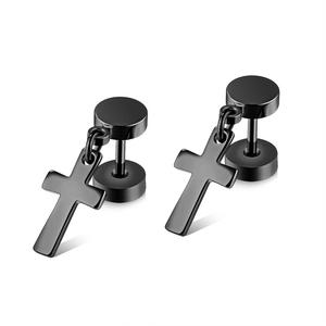 Close-up of black stainless steel cross pendant earrings with secure screw back closure