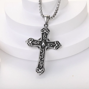 Retro Titanium Steel Hollow Cross Pendant Necklace For Men Hip Hop Madonna Embossed Antique Silver Box Chain Religious Jewelry
