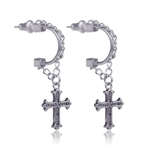 Stainless Steel Gothic Cross Dangle Hoop Earrings For Men Women Antique Silver Rhinestone Cross Pendant Punk Fashion Jewelry