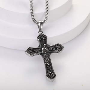 Retro hip hop hollowed cross necklace in stainless steel with antique silver finish