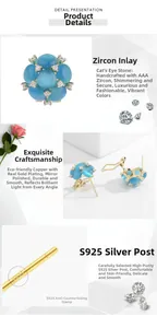 Dettaglio di orecchini a fiore con pietra occhio di gatto blu, placcatura oro e aghi S925