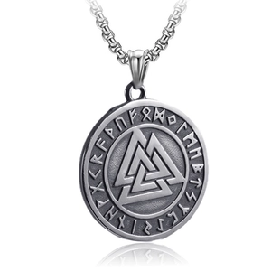 Collier Valknut viking vintage en acier inoxydable oxydé avec pendentif rond runique