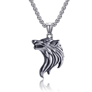 Collier Pendentif Tête de Loup en Acier Titane Vintage Hip Hop pour Hommes Bijoux de Chaîne en Acier Inoxydable Rune Nordique