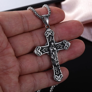 Vintage stainless steel cross necklace with Virgin Mary relief and hollow engravings