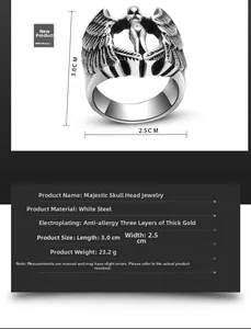 Macro detail of Gothic angel wing ring showing 3.0cm x 2.5cm dimensions and steel texture