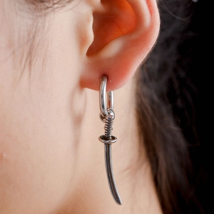 Silver katana sword drop earrings with punk style hoop for men and women