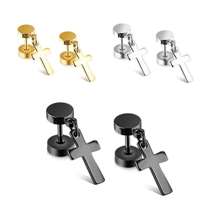 Stainless Steel Cross Pendant Stud Earrings For Men Women Hip Hop Punk Style Polished Metal Cross Drop Earrings Jewelry