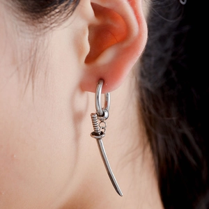 Sword drop earring for men and women in silver stainless steel, punk hip hop style jewelry