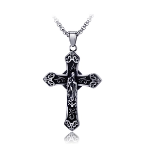 Retro hollow cross pendant necklace with Virgin Mary relief in vintage silver finish