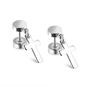 Polished stainless steel hoop earrings with cross pendants for men on white background