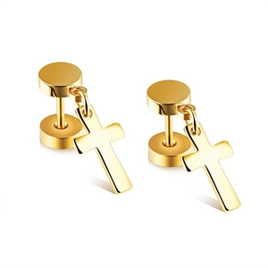 Polished gold stainless steel cross dangle earrings for men from a 45-degree angle view