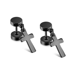 Matte black stainless steel cross drop earrings for men in a minimalist hip-hop style