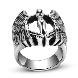 Vintage Titanium Steel Archangel Winged Woman Sculpture Ring Gothic Punk Antique Silver Distressed Metal Men Jewelry
