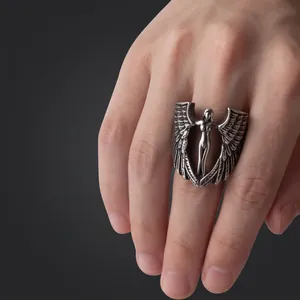 Retro stainless steel angel wing skull ring with vintage embossed design for men