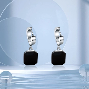 Minimalist square black pendant hoop earrings in polished stainless steel for women