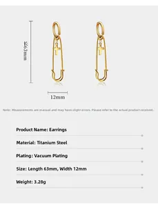 Detailed specs of gold safety pin cross earrings in titanium steel with dimensions