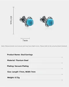 Detailed specs of titanium steel stud earrings with turquoise bead and vacuum plating