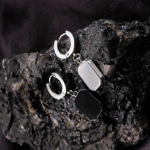 Minimalist square stainless steel drop earrings with silver matte and black mirror finish