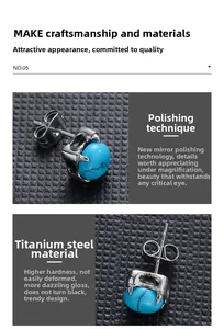 Macro detail of rose gold titanium steel earring with turquoise stud and mirror polished finish