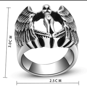 Gothic vintage stainless steel ring featuring winged female relief with dimension markings