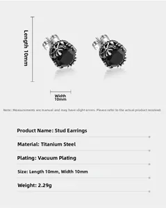 Vue détaillée de boucles d'oreilles 10mm en pierre noire avec base acier gravée
