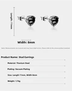 Detail of titanium steel dragon claw earring with black stone and size dimensions