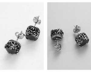 Boucles d'oreilles rétro en acier inoxydable avec zircons noirs sertis en couronne