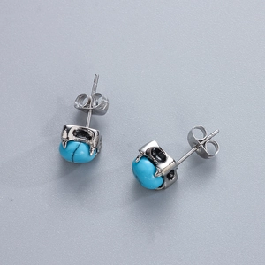 Retro stainless steel rose stud earrings with sky blue turquoise stones for women