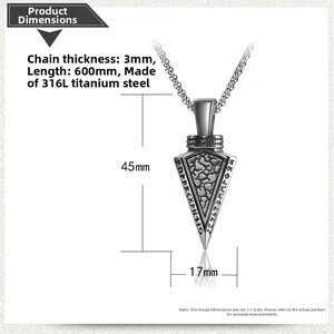 Close-up of 45x17mm Viking rune arrow pendant in 316L titanium steel with rock texture