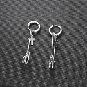 Minimalist silver stainless steel square hoop earrings with safety pin and cross charms