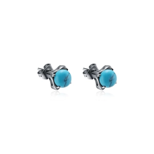 Minimalist silver stainless steel rose stud earrings with turquoise stones in white background