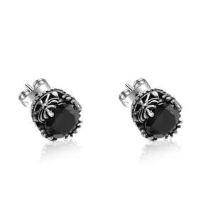 Paire de boucles d'oreilles zircon noir avec serti couronne en argent et motifs