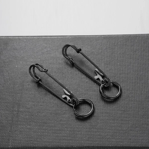 Minimalist black stainless steel safety pin earrings with small round ring pendants