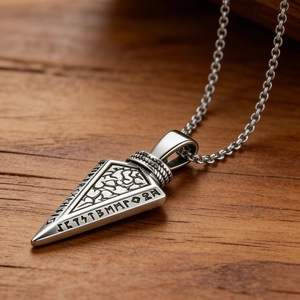 Detailed view of silver Viking rune arrow pendant with vintage metallic texture