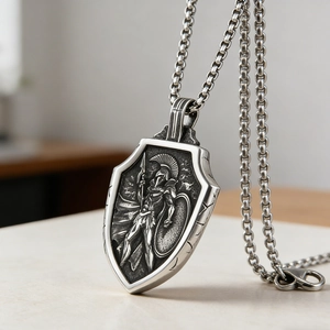 Men's stainless steel Viking Thor's Hammer shield necklace with Spartan warrior relief