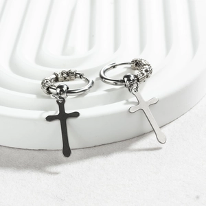 Boucles d'oreilles créoles avec croix en acier inoxydable poli pour hommes et femmes