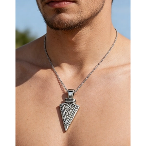 Nordic Viking rune arrow pendant in vintage silver stainless steel on model